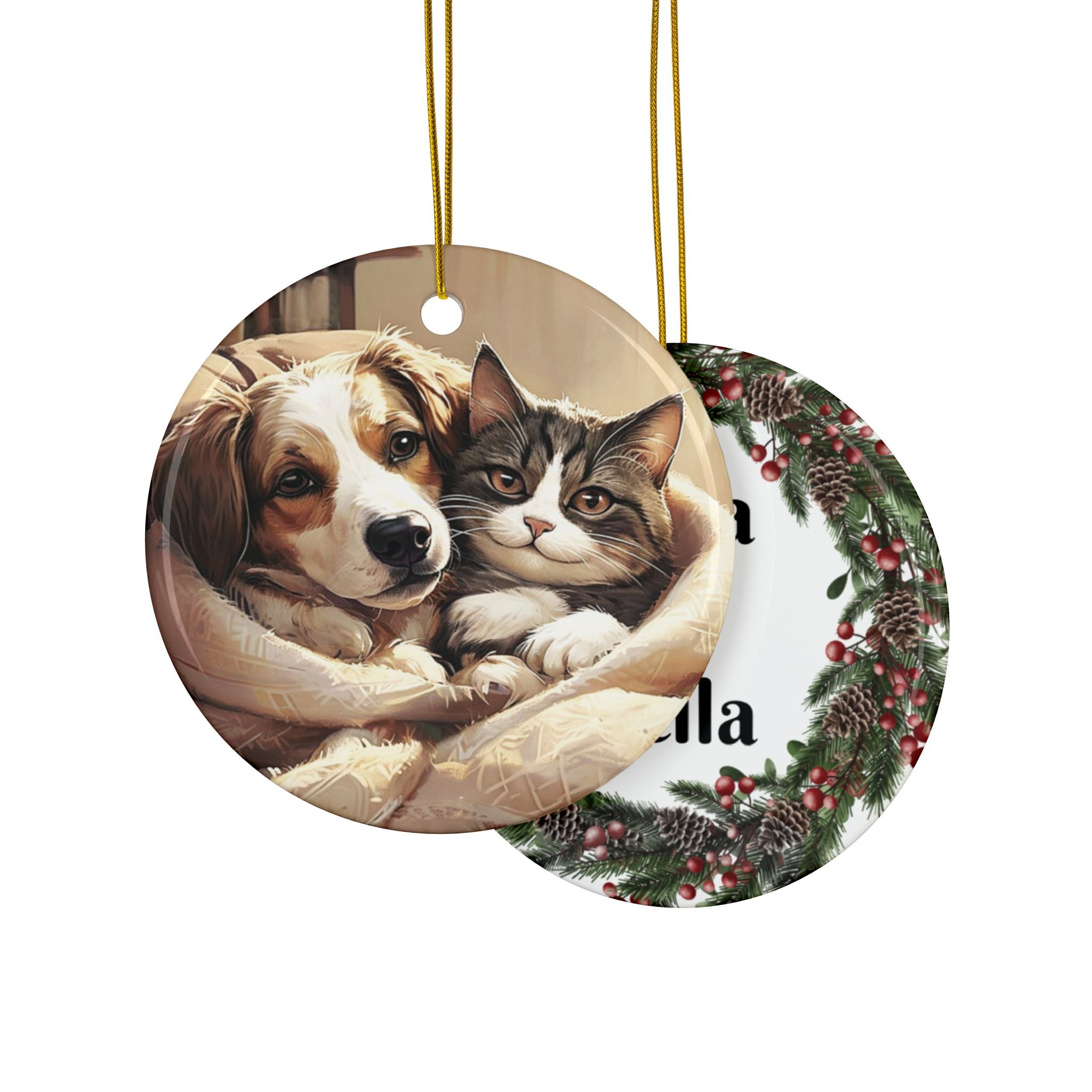 Ceramic Ornament — Personalized Pet Portrait & Name Wreath Double-Sided Holiday Decoration