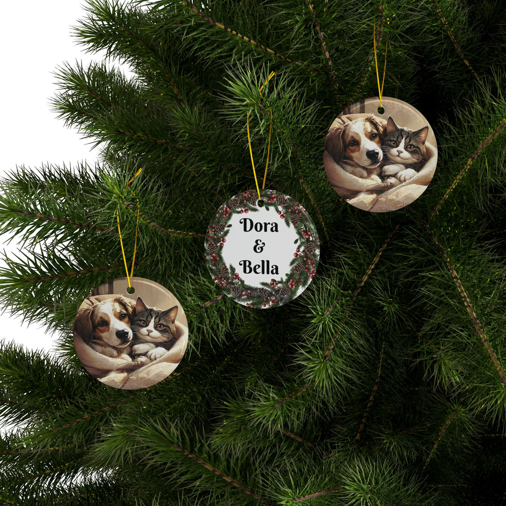 Ceramic Ornament — Personalized Pet Portrait & Name Wreath Double-Sided Holiday Decoration