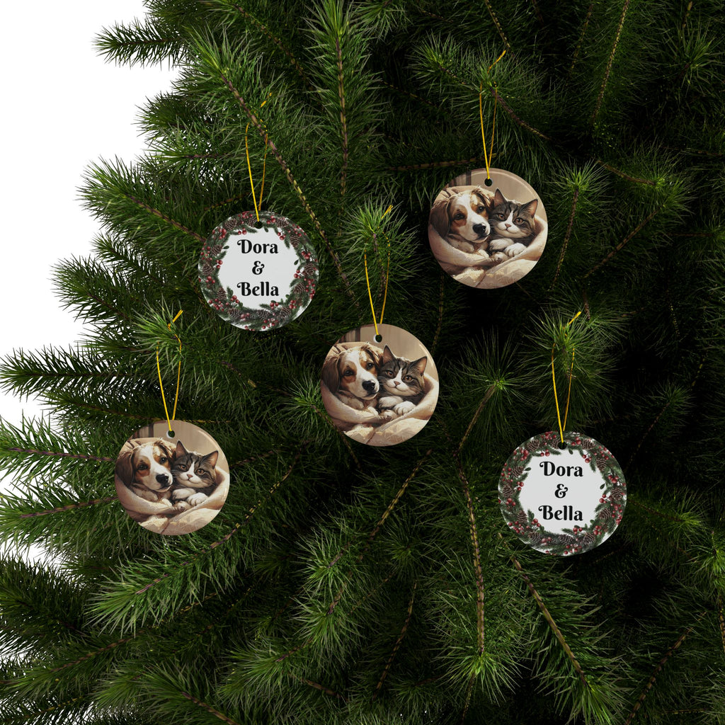 Ceramic Ornament — Personalized Pet Portrait & Name Wreath Double-Sided Holiday Decoration
